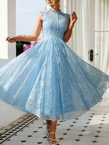 Women's Wedding Guest Dress, New And Elegant Fan-Shaped Lace Flared Dress, Retro Sleeveless Lace Dress, Suitable For Wedding Bridesmaid Dress, Evening Party, Casual Romantic Dates - 灰藍色 - 查看 11