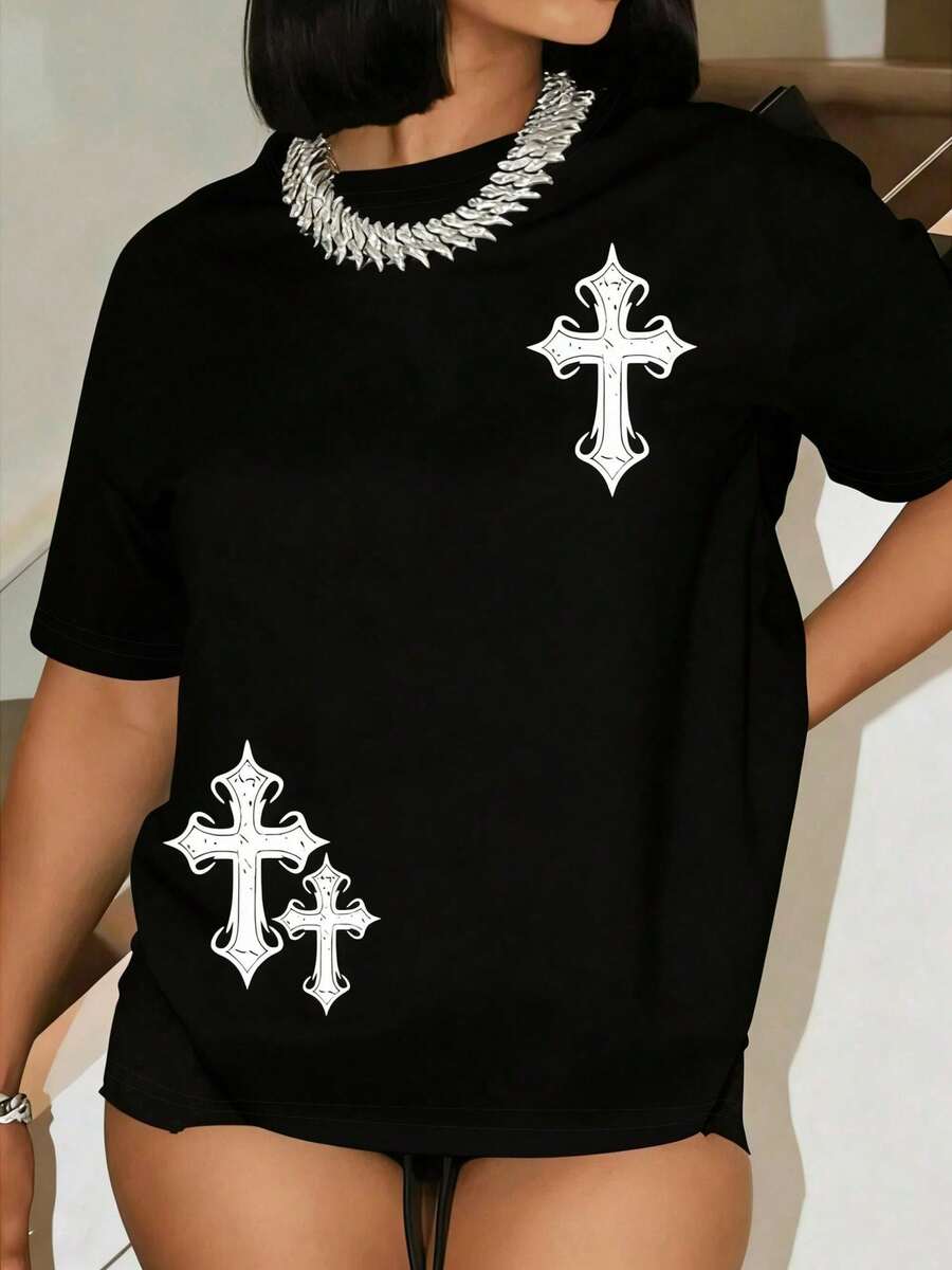 LXF2026 Unique And Modern T-Shirt With A Y2K Style Cross Design, Ideal For Highlighting Your Look On Any Occasion. Perfect For Fashion And Streetwear Lovers, Made With High-Quality Materials For Greater Comfort. Combines Elegance And Attitude With Every Step. An Impressive Option To Show Off In Mexico. XIAM - 黑色 - 查看 1