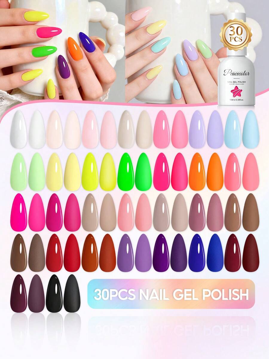 peacecolor 30pcs/Set 10ML Nude Macaron Bright & Dark Gel Nail Polish Set, Long-Lasting Semi-Permanent Nail Art, Suitable For Beginners - Multicolor - View 1