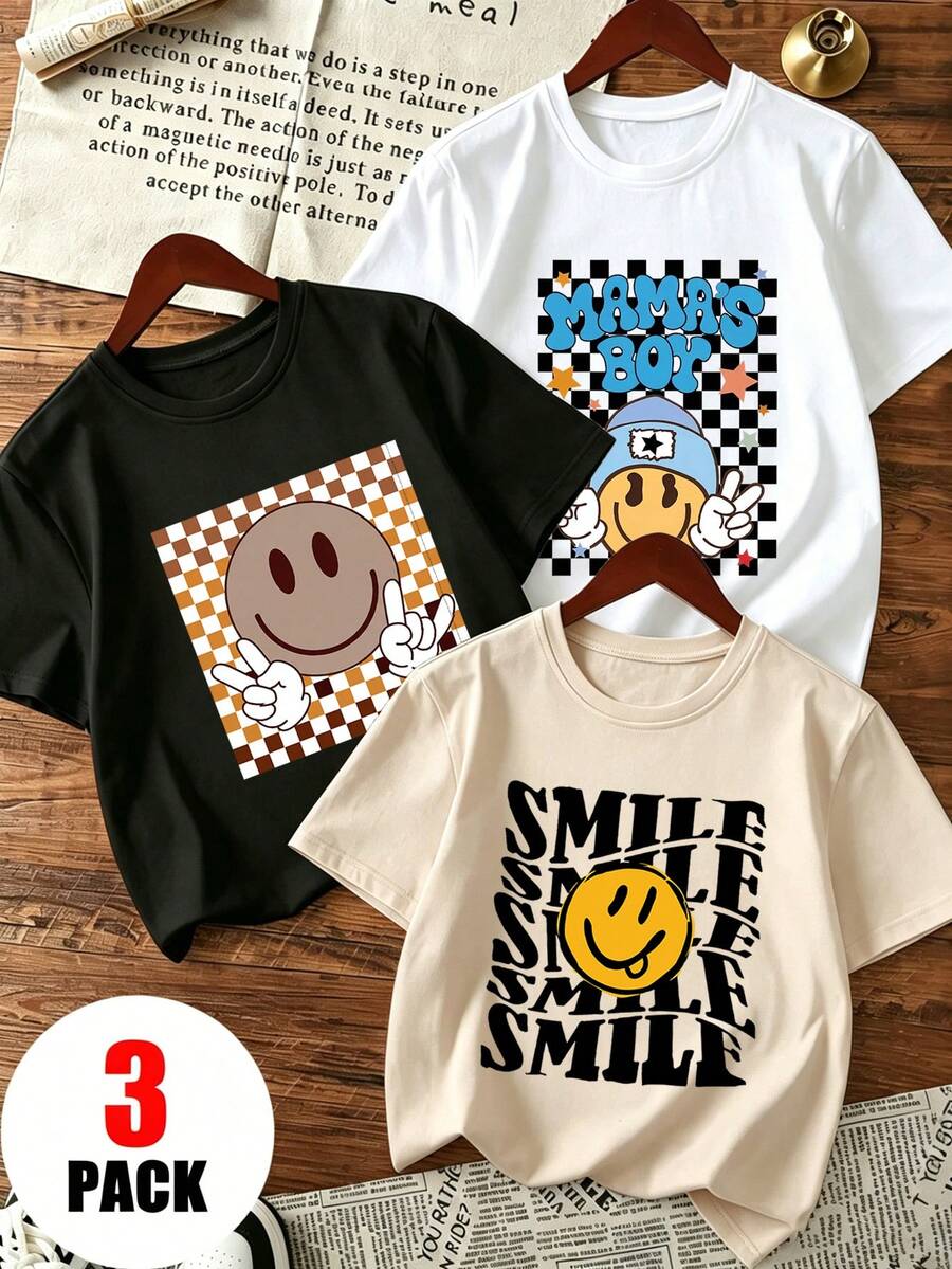 Young Boy 3pcs Casual Fun Print Crew Neck Pullover Short Sleeve T-Shirt Summer Top - Apricot - View 1