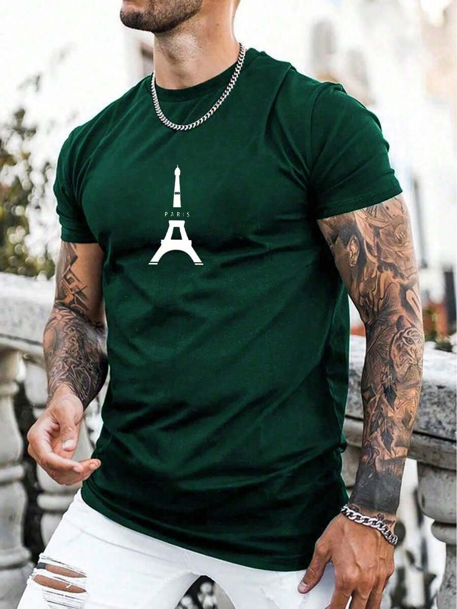 Men's T-Shirt With Tower Print - Green - View 1