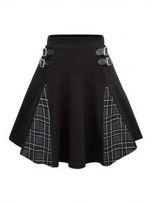 Talla Grande - Talla Grande - Falda Mini A-Line de Talle Alto con Botones y Diseño de Cuadros Gótico - Cuadros Negros + Rojos - Ver 7