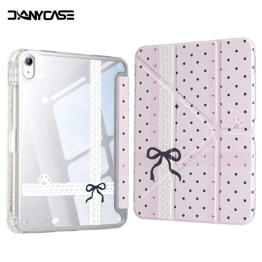 Y-Shaped Folding Case Compatible With Ipad (A16) 11th 11" 10th 10.9" Air 8 (M4) 11" 2026 7th 8th 9th 10.2" Pro 11 2020-2022 Air 7/6 (M3/M2) 11" S10 Lite A11 A11+ With Pencil Holder Smart Case With Soft TPU Back Auto Wake/Sleep - Pink Polka Dot Lace Bow - View 1