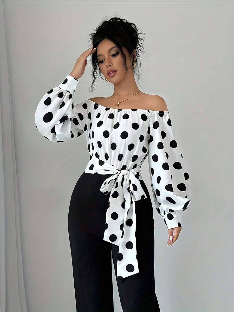 Elegant Women's Off-Shoulder Blouse With Polka Dots And Front Bow - Puff Sleeves, Round Neck, White, Machine Washable, Ideal For Casual Or Semi-Formal Wear In All Seasons - 彩虹般的色彩 - 查看 1