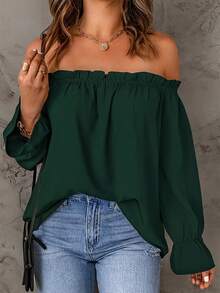 Blusa de hombros descubiertos de estilo europeo y americano, camisa de primavera/otoño - Development - Verde oscuro - Ver 1