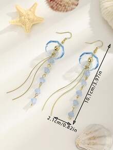 1 Pair Women's Jellyfish Pendant Earrings, Cute Ocean Theme Crystal Tassel Earrings, Summer Beach Accessories - Baby Blue - View 2
