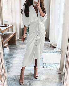 2026Vestido de vendaje de manga corta para mujer, camisa fruncida con botones, informal, elegante, para, Verano - Negro - Ver 2