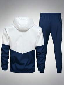 Men's Spring/Autumn Colorblock 2-Piece Sports Set | Hooded Zip-Up Jacket + Drawstring Cuffed Pants, Compass Print Casual Outdoor Outfit - Royal Blue - View 2