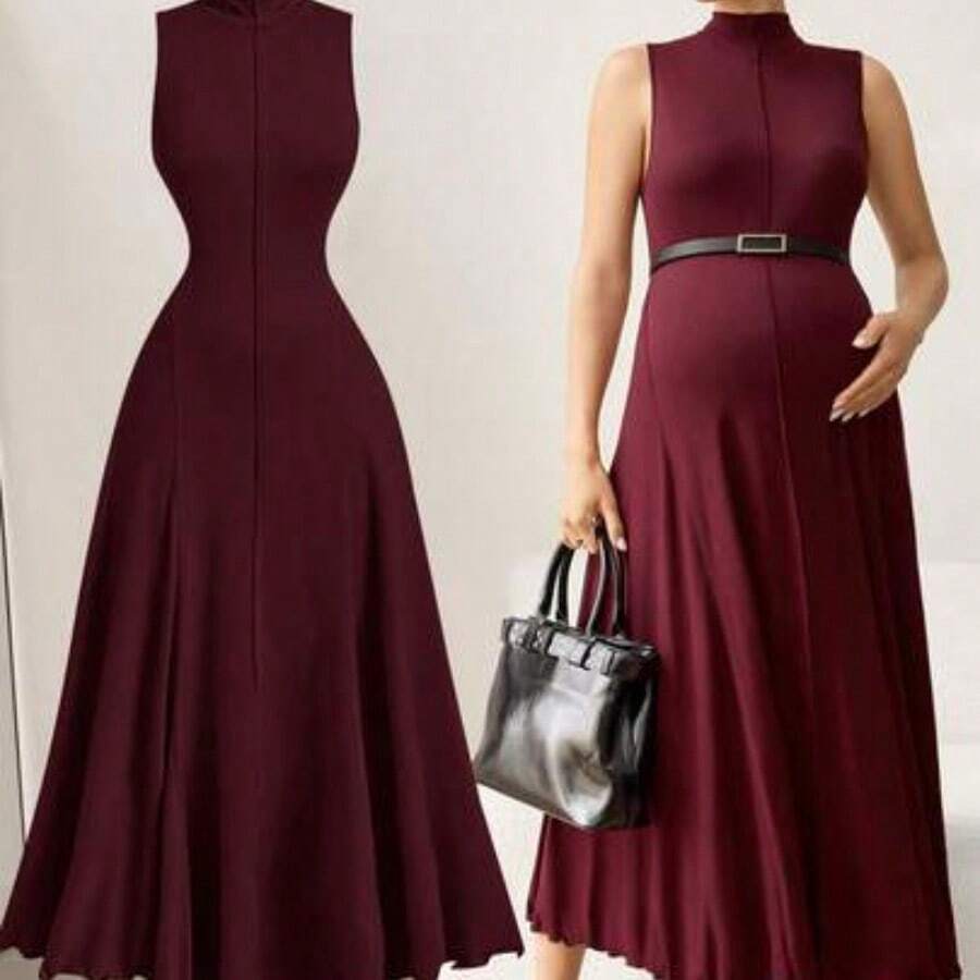 MaterniWear Vestido de maternidad de unicolor, cuello alto, holgado, informal, sin mangas para vacaciones - Burdeos - Ver 1