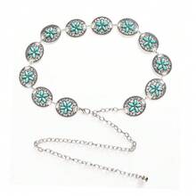1pc Adjustable Slim Waist Pink Turquoise Sunflower Vintage Silver Waist Chain, Western Cowboy Dress Accessory - Lake Blue Flower Shadow - View 2