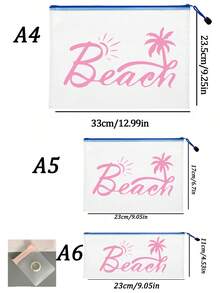 多色時尚沙灘包，印有「Beach」文字、棕櫚樹與太陽圖案。大容量透明化妝包，尼龍拉鍊，輕量，可收納防曬乳、比基尼與沙灘必需品。適合春夏，尼龍拉鍊盥洗包，輕量，可收納防曬乳、比基尼與沙灘用品。春夏收納，適合游泳、沙灘、潛水與夏季度假，學生返校，輕量防曬乳收納包，適合朋友、家人、好朋友、同學。完美禮物 - 彩色 - 查看 11