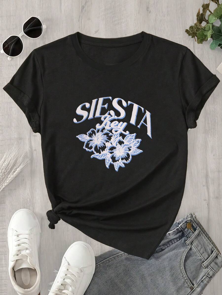 Camiseta de manga corta con cuello redondo y estampado del logo de Sesta para mujer, apta para todas las estaciones. - Negro - Ver 1