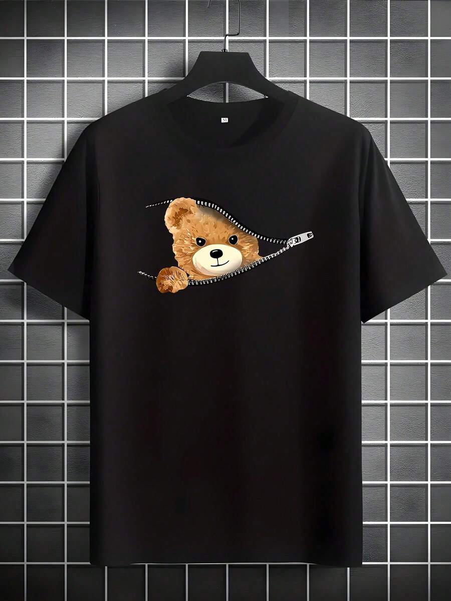 casual de verano, cómoda, de corte regular, cuello redondo y manga corta para atuendos informales y actividades al aire libre, ropa de uso diario, camisa ligera y llamativa, moda masculina. - Negro - Ver 1