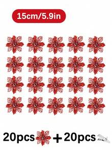 1件/5件/10件/20件 閃亮聖誕花夾飾，適用於聖誕樹裝飾、婚禮與新年派對裝飾、花環，3.5英吋、5.9英吋與9.4英吋花頭，適用於樓梯、窗戶、壁爐與露台 - 紅色 - 查看 19