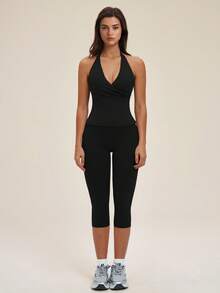 TimeOff Women's One Set Halter Neck V-Neck Criss-Cross Wrap Design Backless Tank Top Tummy Control Butt Lifting Mid-Length Shorts Sports Set - Black - View 5