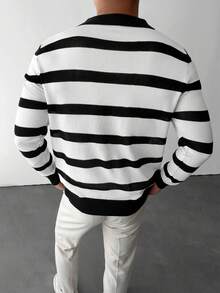 WAIT HIM Men's Casual Colorblock Striped Sweater - Black and White - View 4