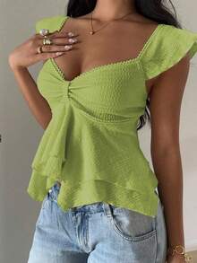 Blusa ajustada de color liso con cuello en V y volantes - Verde - Ver 1