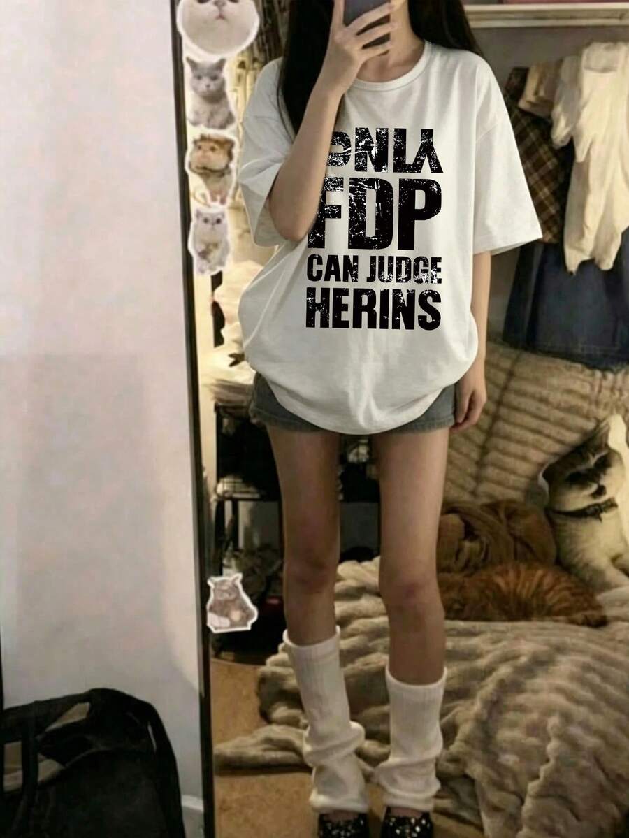 大尺碼女款 Y2K 街頭風圖案印花短袖 T 恤,寬鬆休閒夏季風格,白色 - 白色 - 查看 1