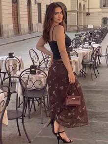 Plus Size Women's Casual Brown Vacation Wavy Ruffle Elastic Mesh Printed A-Line Skirt, Spring/Summer - Brown - View 5