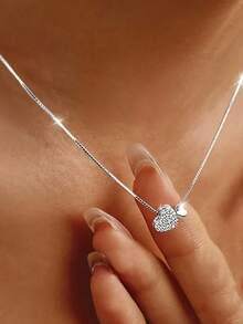 1pc S925 Sterling Silver Double Heart Pendant Necklace, Inlaid With Sparkling Synthetic Zirconia, Sweet And Cute Heart Design, Perfect For Birthday, Back To School, Valentine's Day Gift And Spring/Summer Collection - Love - View 8