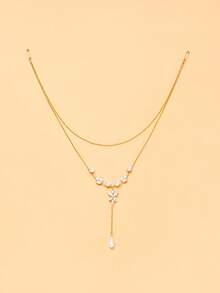 FAAABULS 1pc Pearl Flower Back Necklace, Layered Open Back Chain With Water Drop Pearl Pendant, Women's Bridal Body Jewelry - Geometric - View 9