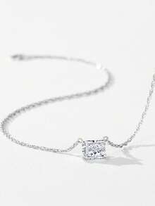 1pc 925 Sterling Silver Rectangular Pendant Necklace, Women's Aesthetic Sparkling Ice Flower Zirconia Daily Jewelry - Silver - View 4