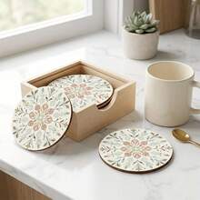 6pcs/Set Bohemian Floral Pattern Round Wooden Coasters, Decorative Drink Coasters For Beverages, Wine And Beer, Home And Party Decor, Great Housewarming Gift, Coffee Table Decoration | Bohemian Style | Wooden Coasters, Available In 1 Set, 2 Sets Or 3 Sets - White - View 1