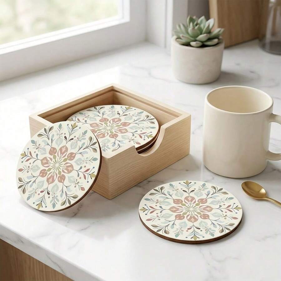 6pcs/Set Bohemian Floral Pattern Round Wooden Coasters, Decorative Drink Coasters For Beverages, Wine And Beer, Home And Party Decor, Great Housewarming Gift, Coffee Table Decoration | Bohemian Style | Wooden Coasters, Available In 1 Set, 2 Sets Or 3 Sets - White - View 1