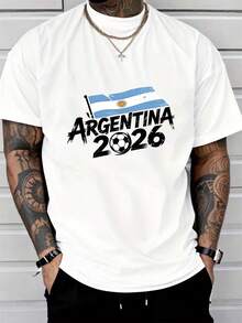 Men's Pure Cotton Short-Sleeve T-Shirt Casual Oversized Breathable Argentina 2026 Print Summer Top European Holiday Gift Idea Christmas New Year Present Soccer Fan Graphic Tee Soft Comfortable Loose Fit Daily Wear Fashion  Classic White Tee For Men Perfect For Sports Enthusiasts Holiday Shopping - White - View 6