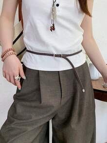 1pc Women's Coffee Brown PU Leather Vintage No-Hole Braided Niche Waist Belt - Coffee - View 1