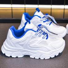 1 Pair 2025 Summer New Kids Sports Mesh Shoes, Breathable White Athletic Sneakers For Big Girls - Blue - View 8