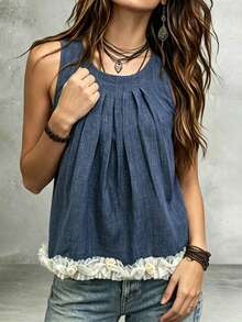 2026 Spring/Summer New Women's Sleeveless Ruched Crew Neck Top, Suitable For Summer & Valentine's Day - Blue - View 4