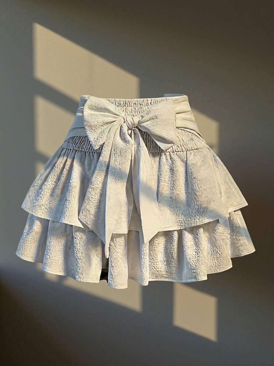 Minifalda de volantes escalonados a la moda con diseño de lazo, apta para todas las estaciones - [Blanco] - Ver 1