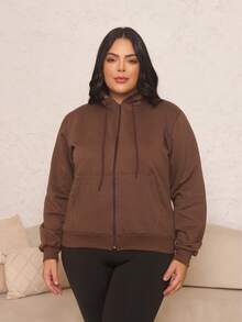 Women's Plus Size Blouse With Zipper, Pockets, And Fur Trim. - 摩卡棕 - 查看 3