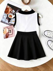 Versatile Girls' Small Print Polo Collar Sleeveless T-Shirt And Skirt 2-Piece Set, Suitable For Spring And Summer, School, Vacation, Shopping, Sports And Other Occasions. - Multicolor - View 2