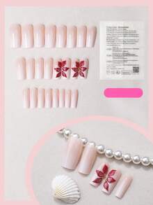 24 buah Kuku Tempel Persegi Panjang Sedang Panjang Warna Nude Pink Gradien Bunga, Dasar Nude Transparan Es dengan Kelopak Burgundy yang Dilukis Tangan, Cocok untuk Pemakaian Sehari-hari dan Bepergian, Set Kuku Palsu dengan Suasana Lembut - Red and White - View 4