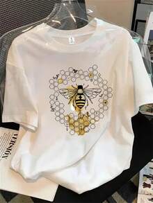 Top de mujer de manga corta y cuello redondo con estampado de abejas y detalles de miel; apto para todas las estaciones. - Blanco - Ver 1