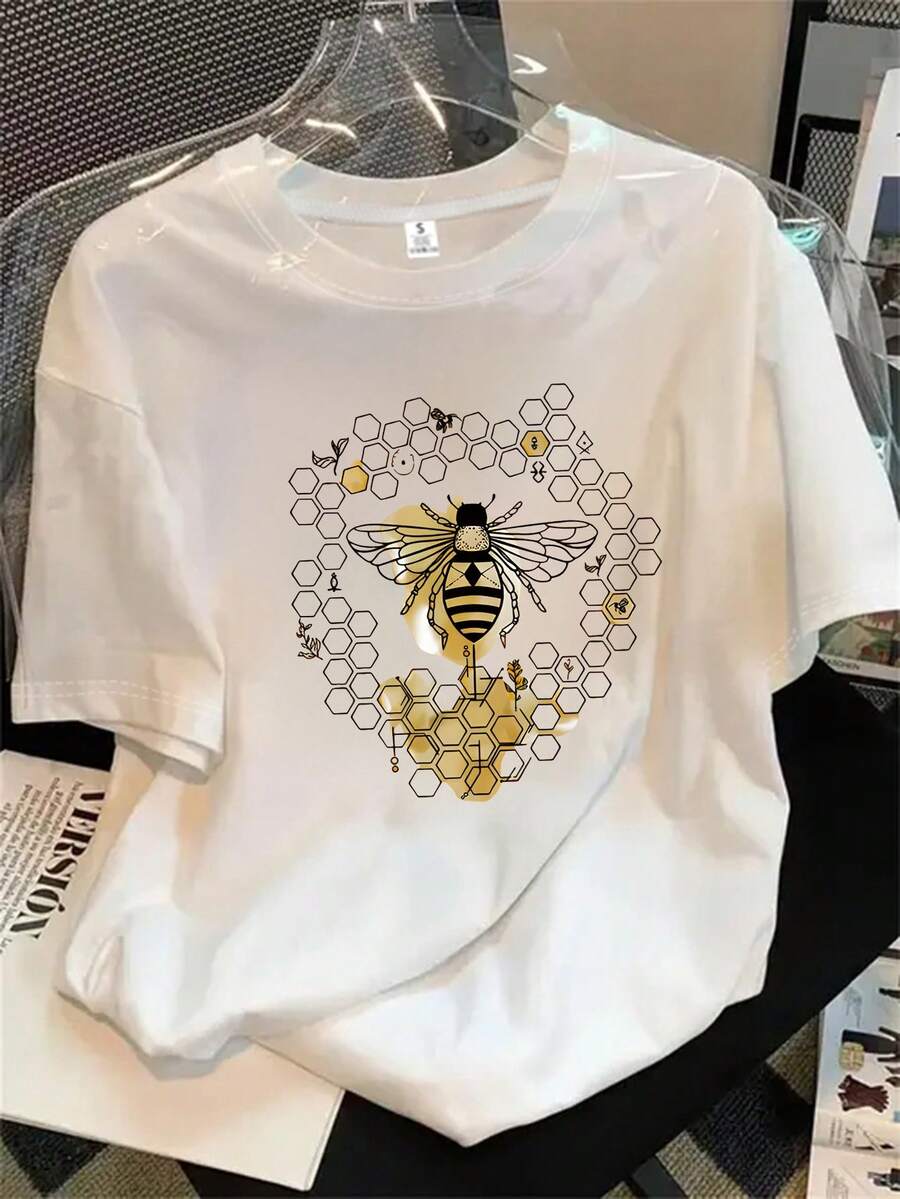 Top de mujer de manga corta y cuello redondo con estampado de abejas y detalles de miel; apto para todas las estaciones. - Blanco - Ver 1