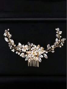 1pc Bridal Fashion Sweet Pearl Rhinestone Side Hair Accessory Exquisite Wedding Dress Updo Hair Comb, Hair Comb - Gold - View 2
