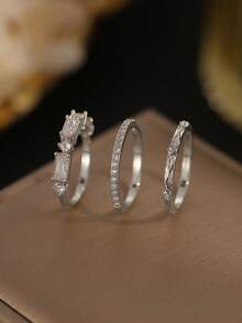 Gift Box Set 3pcs Silver Ring Combination, Twisted Band, Full Rhinestone Band And Rectangular Diamond Cluster Ring, Stackable Fashion Rings For Women - Silver - View 4