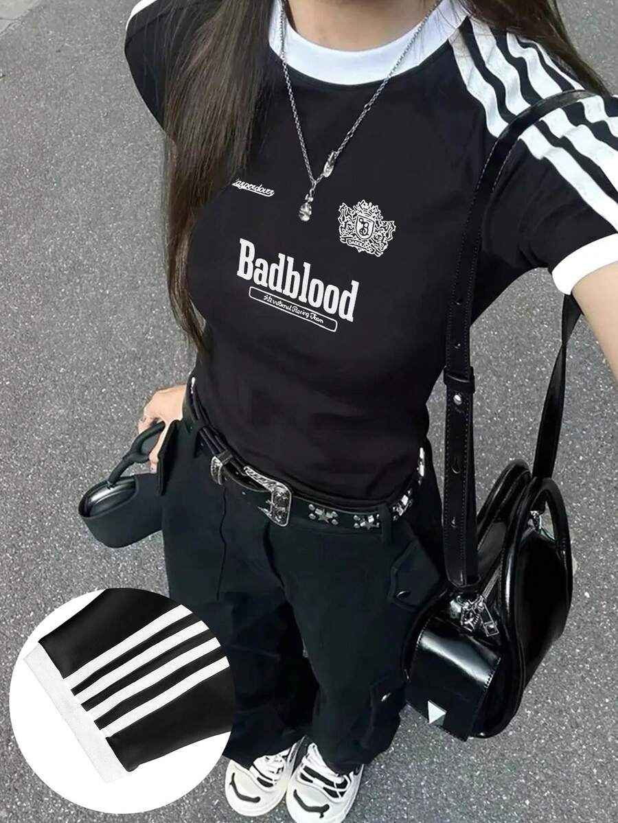 春夏四條紋女款學生純色極簡街頭休閒通勤Y2K修身收腰顯瘦性感圓領短袖黑色 - 黑色 - 查看 1