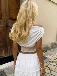 Áo croptop nữ gợi cảm thanh lịch phối ren trễ vai, áo thun croptop xếp ly trắng cho tiệc, du lịch và đi chơi - trắng - Xem 3