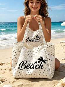 白色波點海灘托特包，印有「Beach」字樣與棕櫚樹圖案，大容量帆布單肩包，可重複使用，適合購物與旅行，可折疊帆布單肩托特包，通勤包，平板電腦包，收納包，夏季必備旅行包，適合海灘旅行、泳池日、購物與日常使用，適合女性、旅行者與海灘愛好者，完美適用於春假、復活節、母親節、度假與送禮 - 彩色 - 查看 8