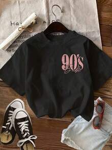 Minimalist. 100% Cotton. 1 Piece. Graphic Print T-Shirt, Short Sleeve, Crew Neck, Casual Top For Summer And Spring, Women's Clothing. Spring/Summer Top. - 黑色 - 查看 3