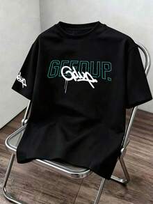 Camiseta casual de hombre con estampado de letras, camiseta de cuello redondo de manga corta para parejas, adecuada para primavera/verano, Día de San Valentín - Negro - Ver 9
