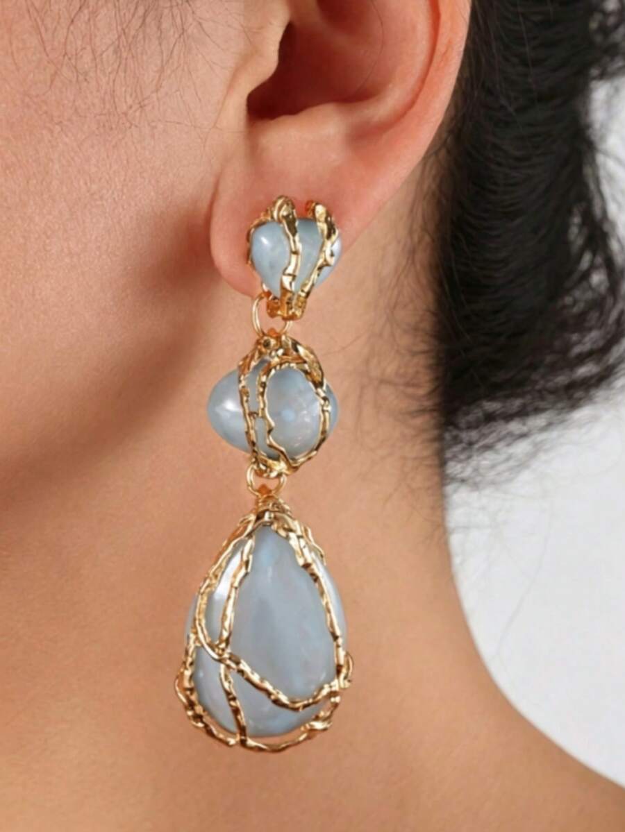 1 par de pendientes geométricos en forma de lágrima, joyería de moda minimalista de lujo de nicho de alta gama y ligera para mujeres - azul - Ver 1