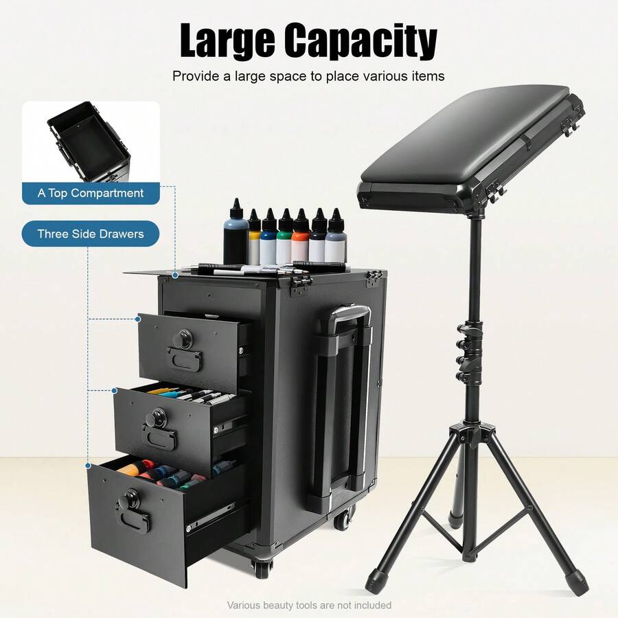 TFCFL 1 Pcs Black Rolling Makeup Case With 3 Side Drawers, Makeup Case With 4 Universal Wheels, Manganese Steel Makeup Case With Combination Lock For Make-Up Artists From Beginners To Professionals-Gift For Family, Friends, Birthdays, Mother's Day - View 1