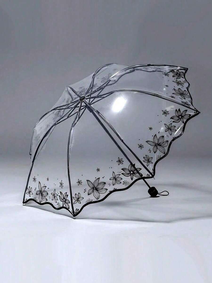 1/3pcs Floral Pattern Transparent Umbrella, Suitable For School, Office, Home, Travel, Back To School Supplies, Umbrella, Unisex, Durable Structure - Multiple Styles - View 1