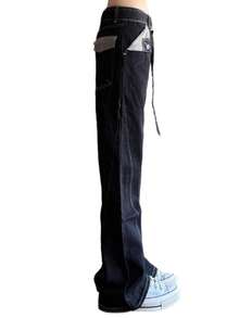 Y2K Plaid Belted Black Flare Jeans, Contrast Stitch Baggy Denim Pants With Layered Waist Detail For Alt Streetwear - 黑色 - 查看 4