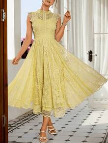 Women's Wedding Guest Dress, New And Elegant Fan-Shaped Lace Flared Dress, Retro Sleeveless Lace Dress, Suitable For Wedding Bridesmaid Dress, Evening Party, Casual Romantic Dates - Dark Blue - 查看 3
